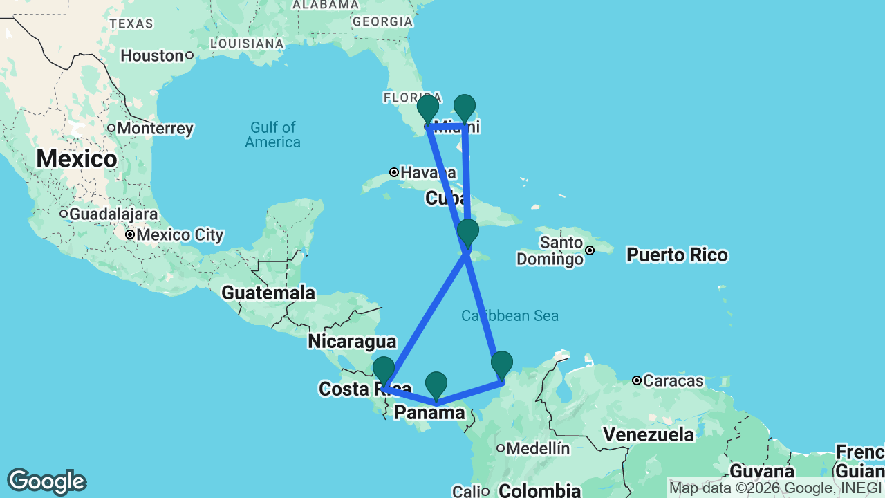Route map: Miami -> Cartagena -> Panama Canal -> Limón -> Falmouth -> Great Stirrup Cay -> Miami