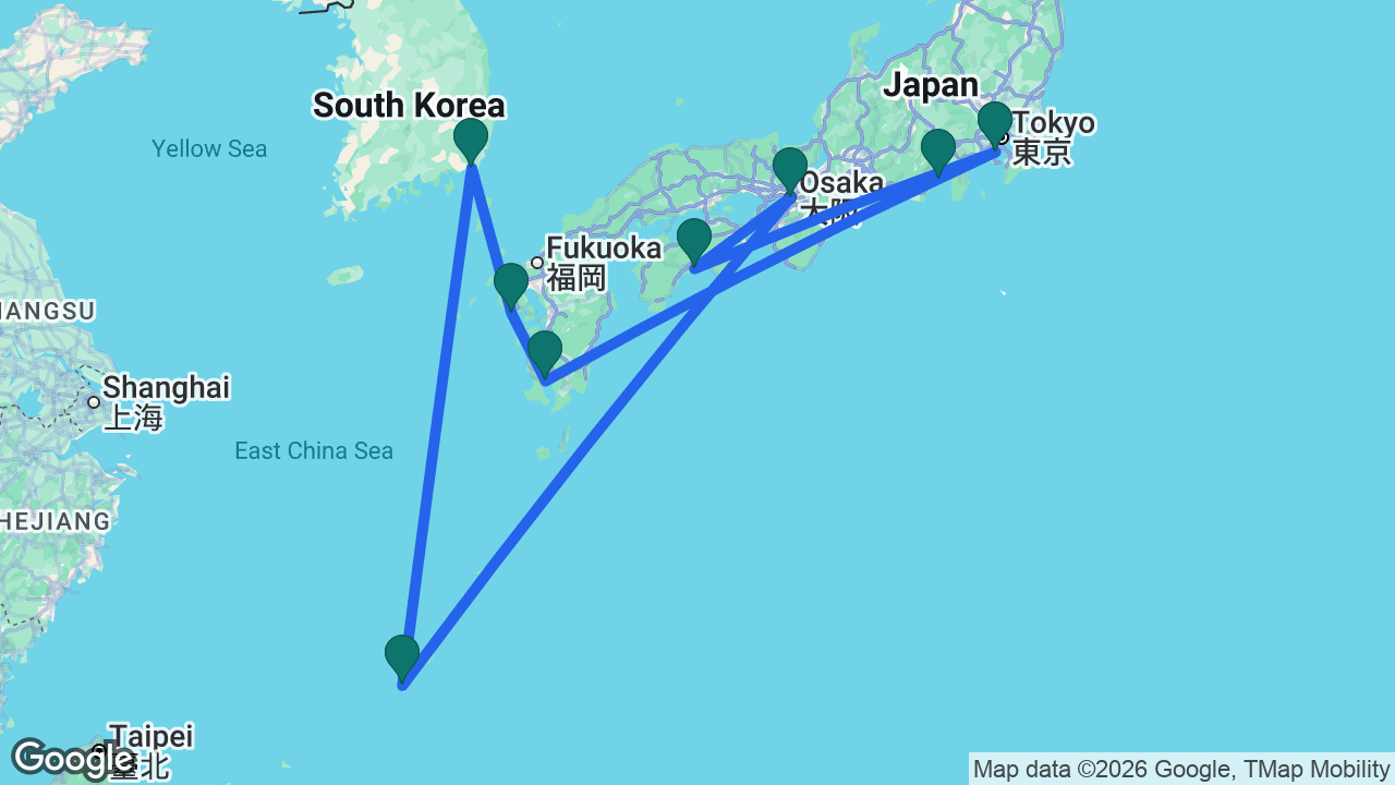 Route map: Tokyo -> Kochi -> Osaka -> Naha -> Busan -> Nagasaki -> Kagoshima -> Mount Fuji -> Tokyo
