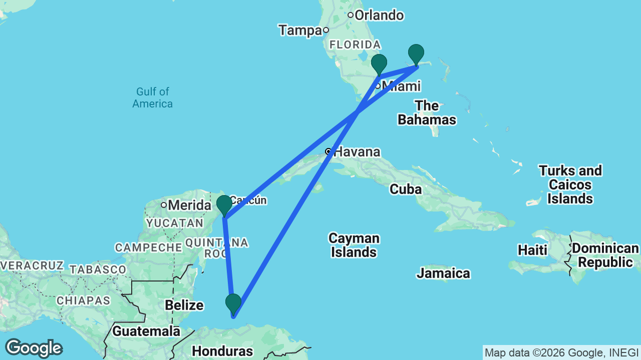 Route map: Fort Lauderdale -> Celebration Key -> Cozumel -> Roatán -> Fort Lauderdale