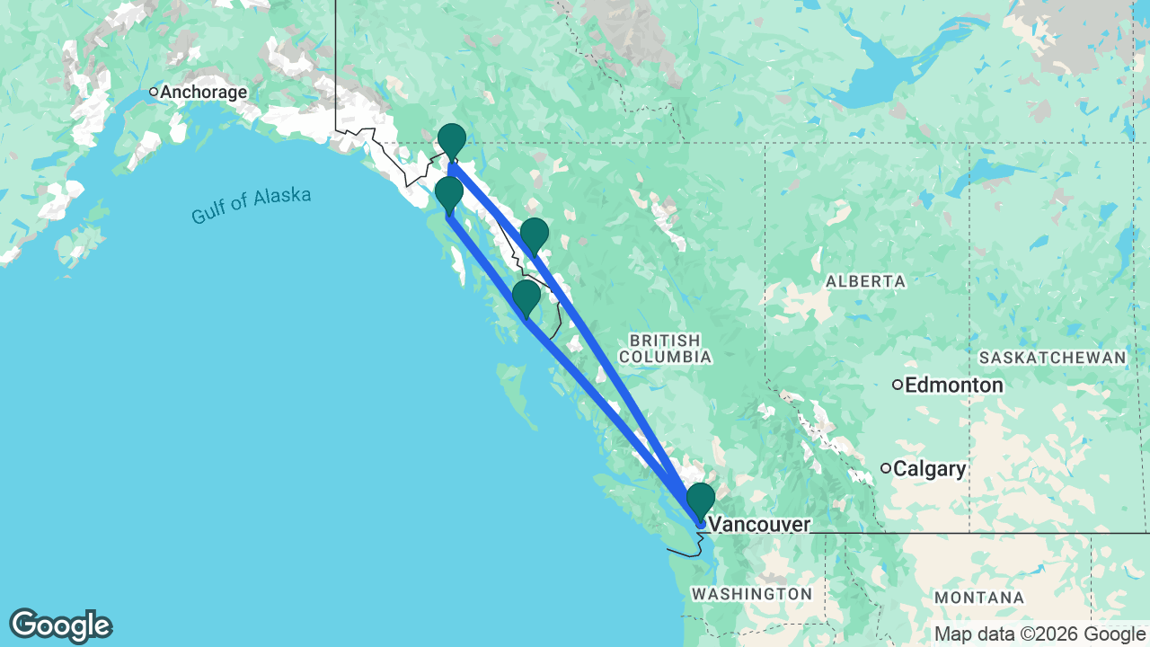 Route map: Vancouver -> Stikine Icecap -> Skagway -> Icy Strait Point -> Ketchikan -> Vancouver