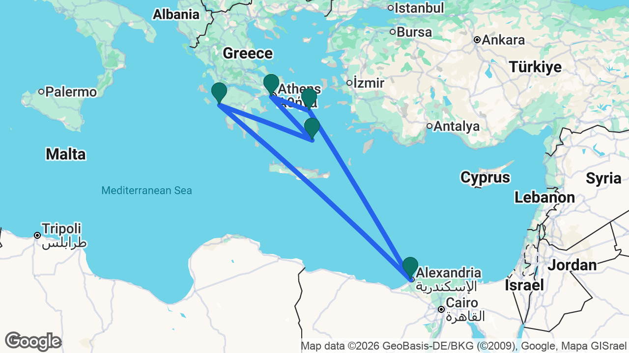 Route map: Athens -> Santorini -> Katakolon -> Alexandria -> Mykonos -> Athens
