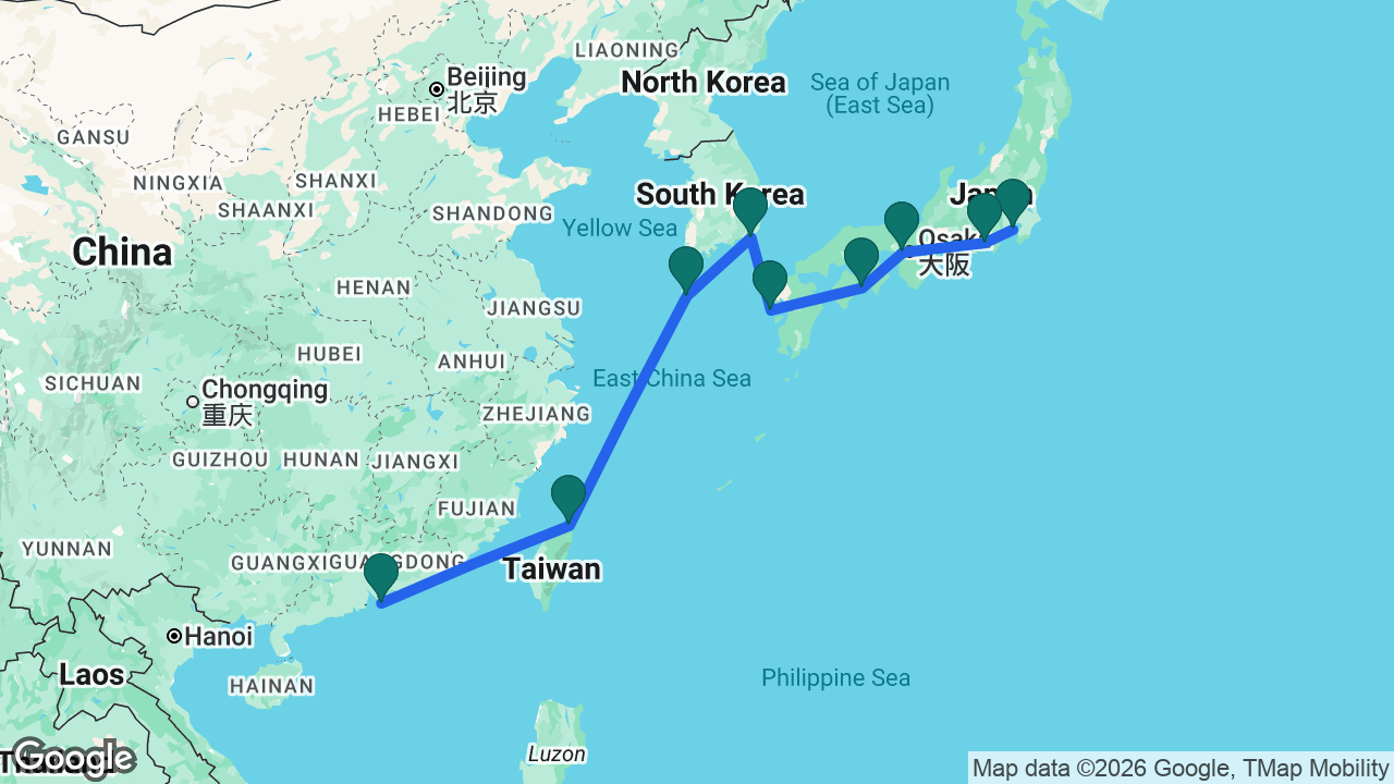 Route map: Hong Kong -> Keelung -> Jeju -> Busan -> Nagasaki -> Kochi -> Kobe -> Mount Fuji -> Tokyo