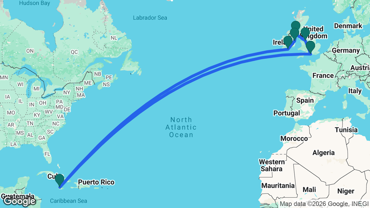 Route map: Southampton -> Falmouth -> Cork -> Dublin -> Belfast -> Liverpool -> Southampton
