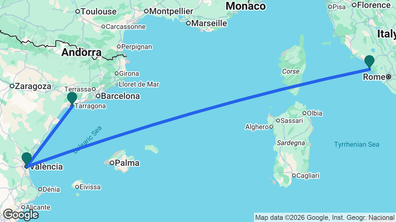 Route map: Rome -> Valencia -> Tarragona