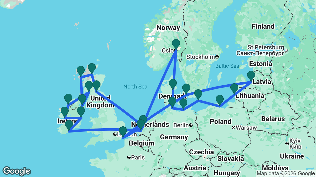 Route map: Dover -> Amsterdam -> South Queensferry -> Invergordon -> Isle of Skye -> Belfast -> Glasgow -> Killybegs -> Galway -> Dún Laoghaire -> Ringaskiddy -> Rotterdam -> Oslo -> Aarhus -> Kiel -> Berlin -> Rønne -> Gdansk -> Klaipeda -> Riga -> Copenhagen -> Dover