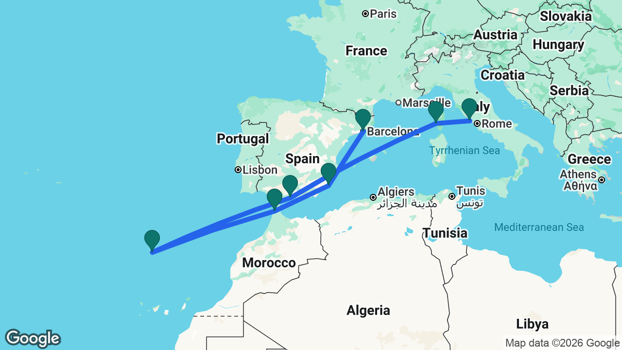 Route map: Barcelona -> Cartagena -> Tangier -> Madeira -> Málaga -> Ajaccio -> Rome