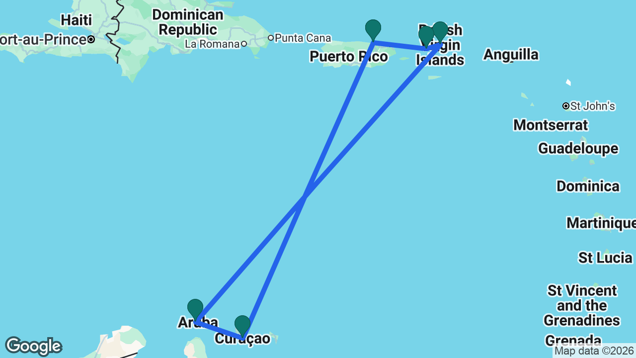 Route map: San Juan -> St. Thomas -> Tortola -> Aruba -> Curaçao -> San Juan