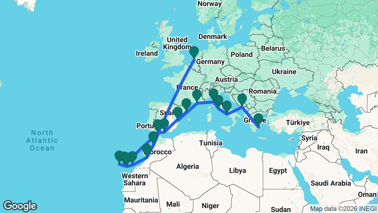 Route map: Rotterdam -> Casablanca -> Agadir -> Fuerteventura -> Gran Canaria -> La Palma -> Tenerife -> Cádiz -> Málaga -> Barcelona -> Valencia -> Marseille -> Florence -> Rome -> Naples -> Kotor -> Athens
