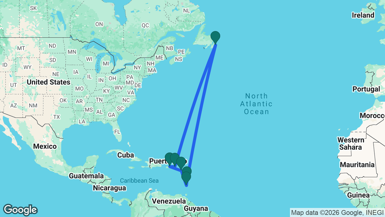 Route map: San Juan -> Tortola -> St. John's -> Martinique -> St. Vincent -> St. Kitts -> San Juan