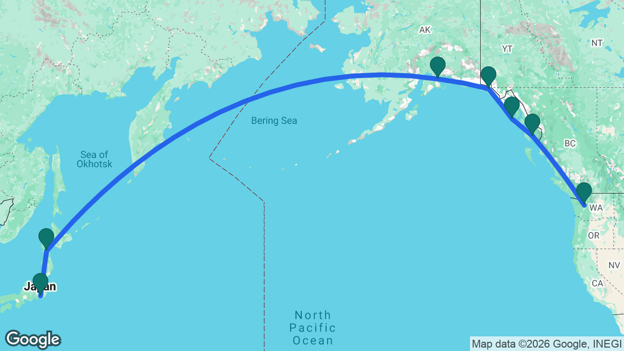 Route map: Seattle -> Ketchikan -> Sitka -> Hubbard Glacier -> Whittier -> Hakodate -> Tokyo