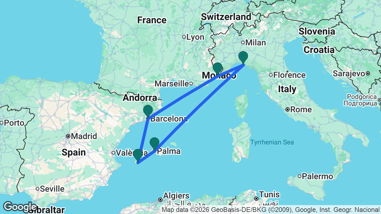 Route map: Barcelona -> Villefranche -> Portofino -> Mallorca -> Ibiza -> Barcelona