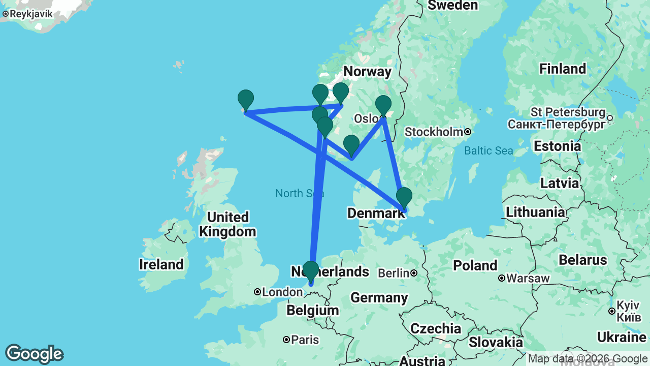 Route map: Rotterdam -> Haugesund -> Eidfjord -> Bergen -> Lerwick -> Copenhagen -> Oslo -> Kristiansand -> Stavanger -> Rotterdam