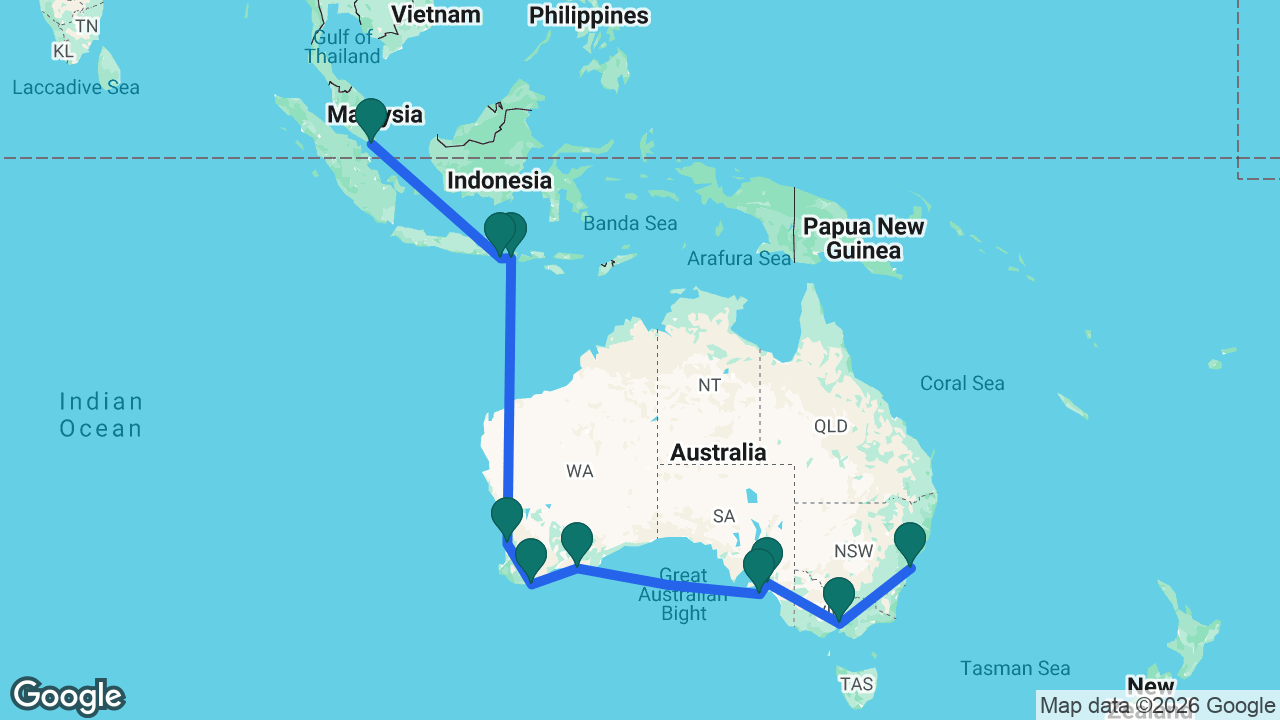 Route map: Sydney -> Melbourne -> Adelaide -> Kangaroo Island -> Esperance -> Albany -> Perth -> Lembar -> Bali -> Singapore
