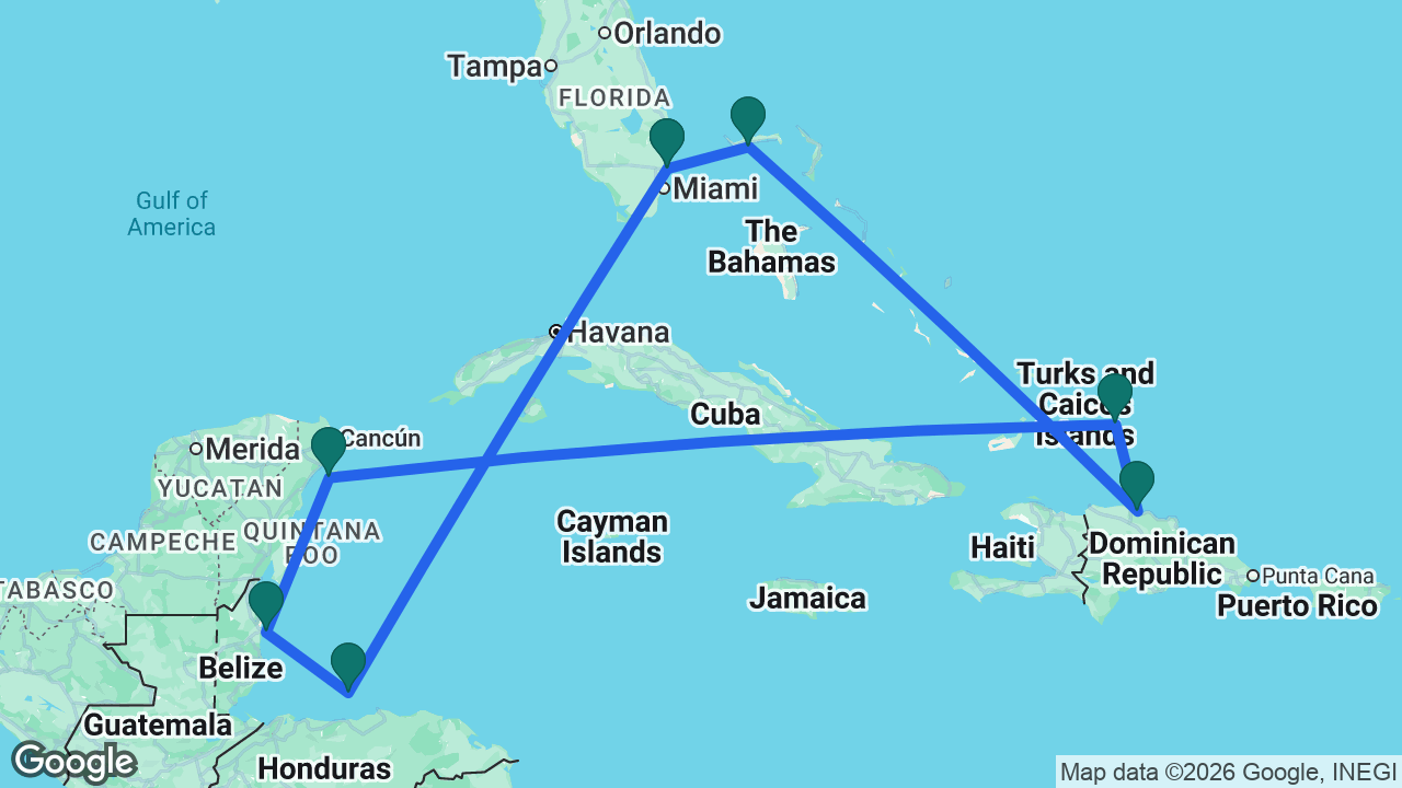 Route map: Fort Lauderdale -> Roatán -> Belize City -> Cozumel -> Grand Turk -> Amber Cove -> Celebration Key -> Fort Lauderdale