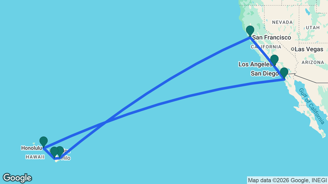 Route map: Los Angeles -> San Francisco -> Hilo -> Kona -> Honolulu -> Ensenada -> Los Angeles