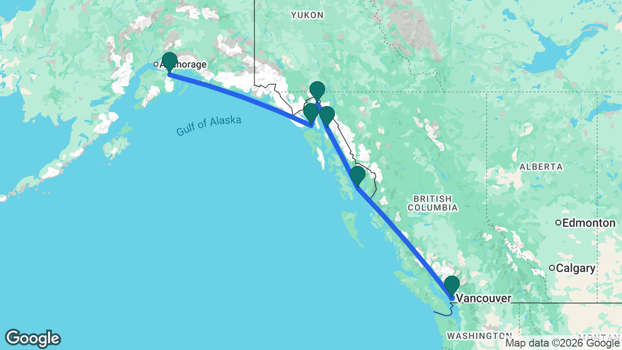 Route map: Whittier -> Glacier Bay -> Skagway -> Juneau -> Ketchikan -> Vancouver