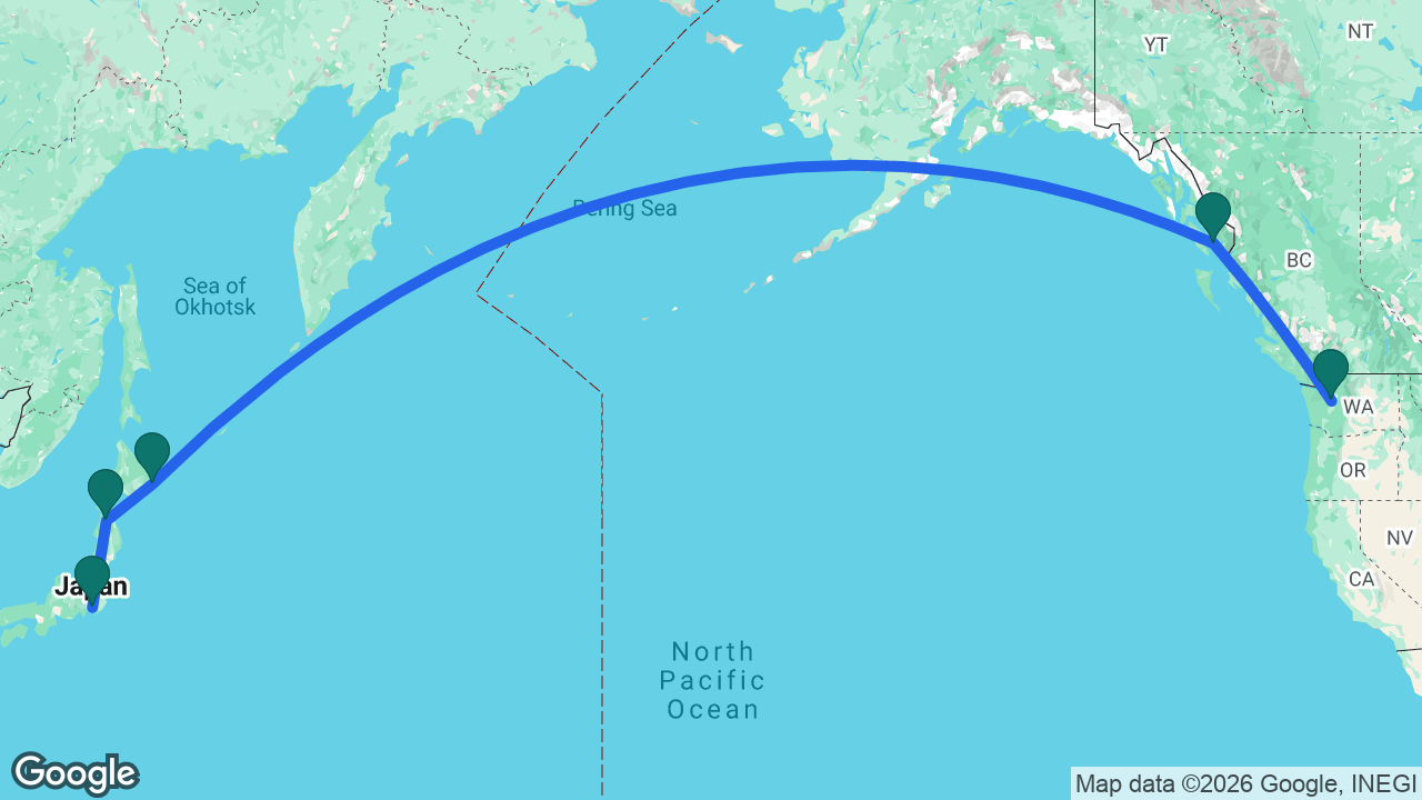 Route map: Seattle -> Ketchikan -> Kushiro -> Aomori -> Tokyo