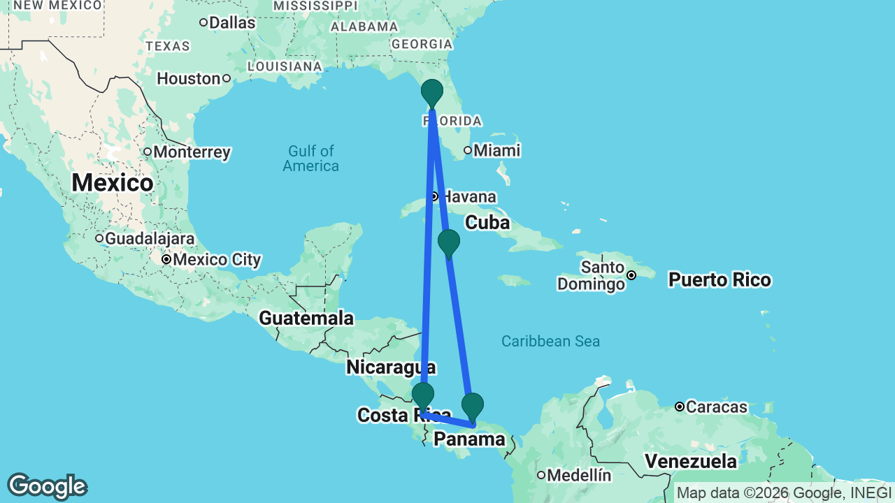 Route map: Tampa -> Limón -> Colón -> Grand Cayman -> Tampa