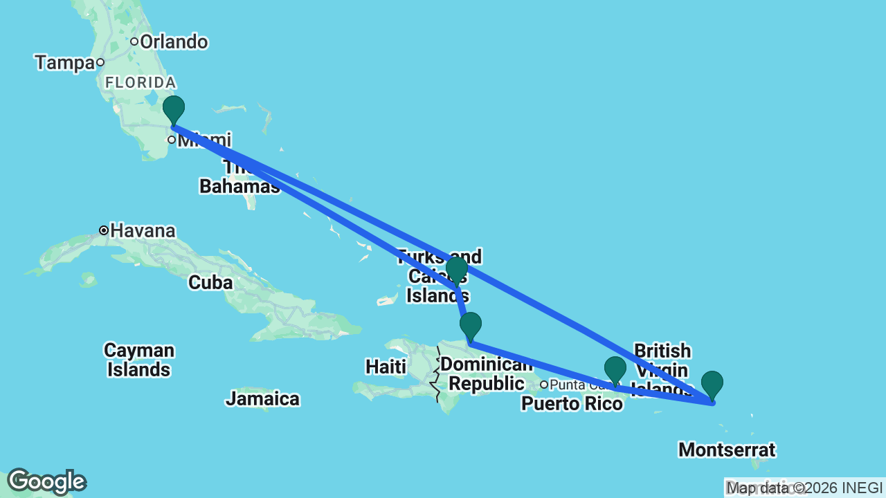 Route map: Fort Lauderdale -> St. Maarten -> San Juan -> Amber Cove -> Grand Turk -> Fort Lauderdale