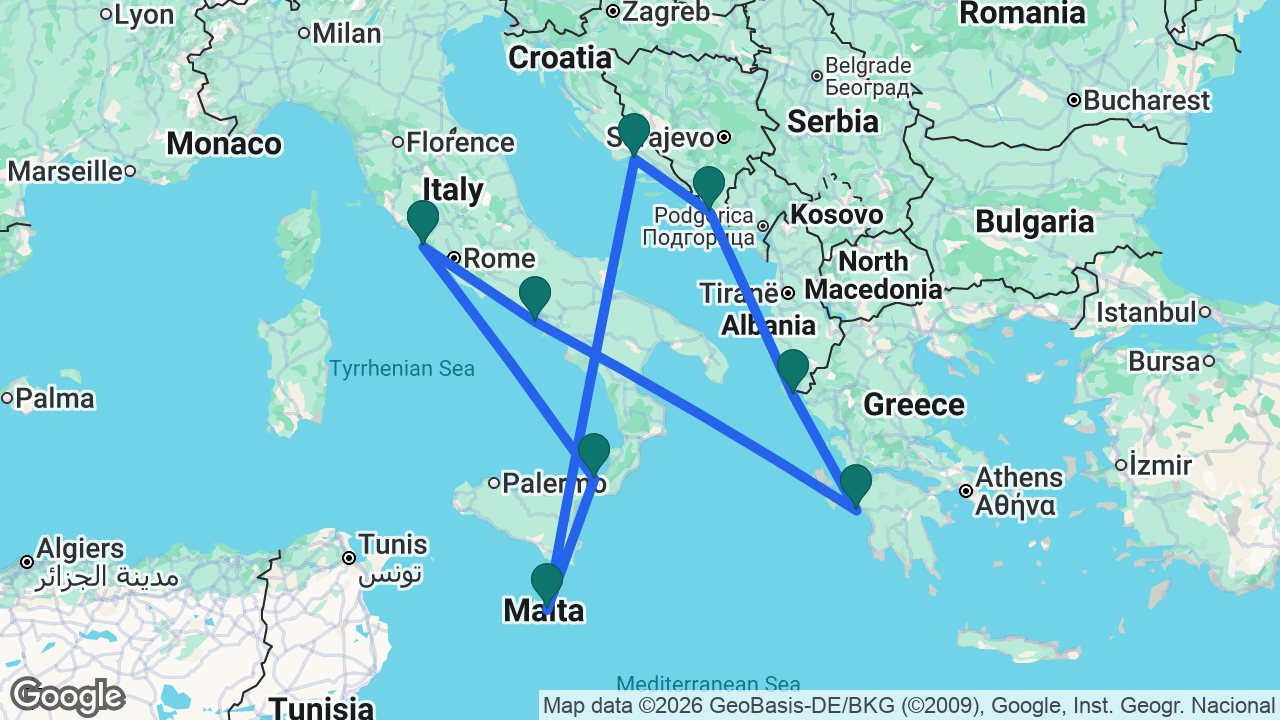 Route map: Rome -> Messina -> Valletta -> Split -> Dubrovnik -> Corfu -> Katakolon -> Naples -> Rome