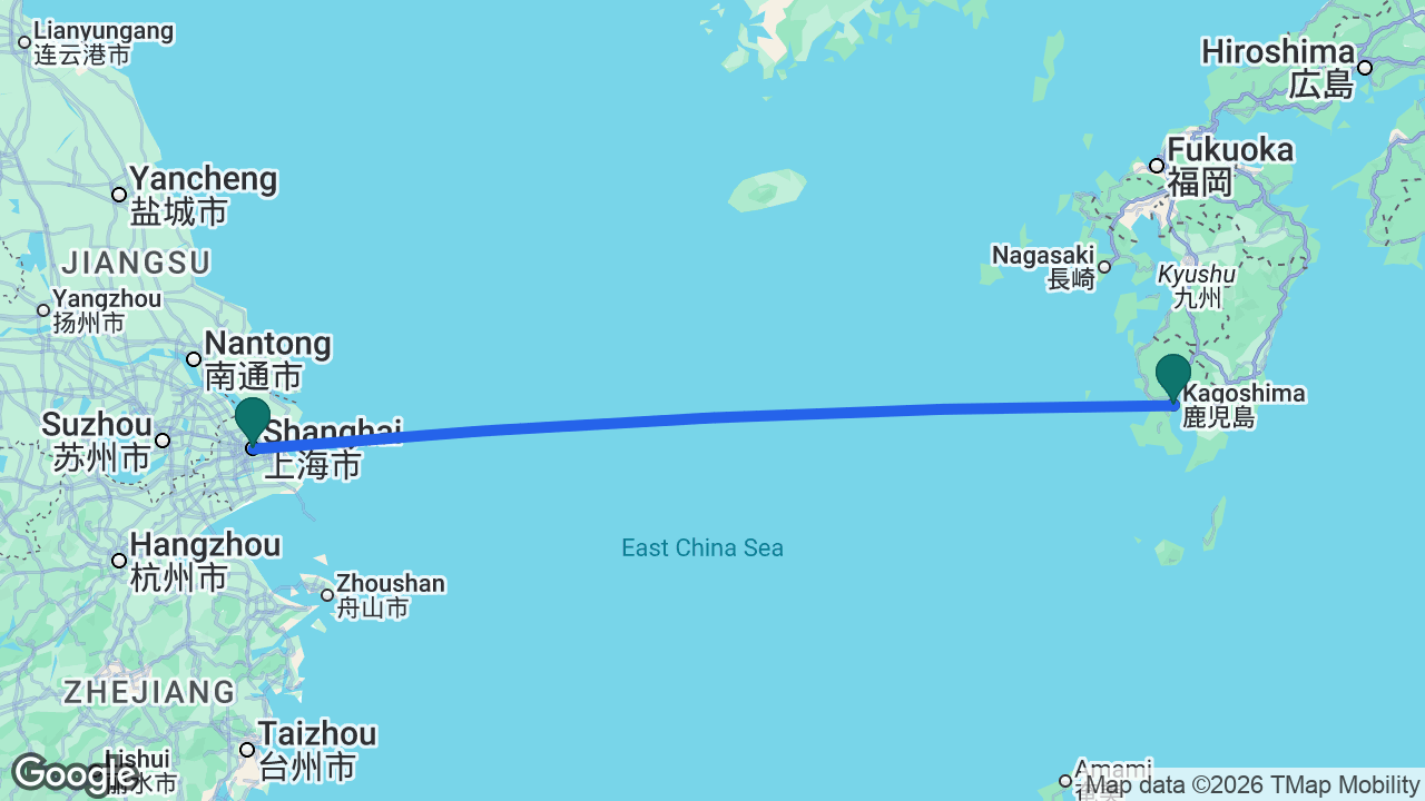 Route map: Shanghai -> Kagoshima -> Shanghai