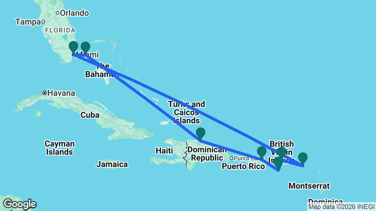 Route map: Miami -> St. Maarten -> Tortola -> St. Croix -> San Juan -> Puerto Plata -> Bimini -> Miami