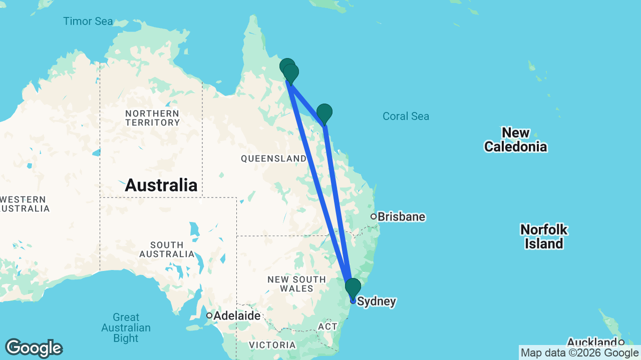 Route map: Sydney -> Airlie Beach -> Cairns -> Port Douglas -> Sydney