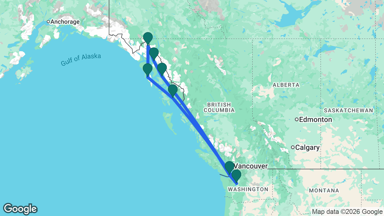 Route map: Seattle -> Ketchikan -> Sitka -> Skagway -> Juneau -> Endicott Arm -> Victoria -> Seattle