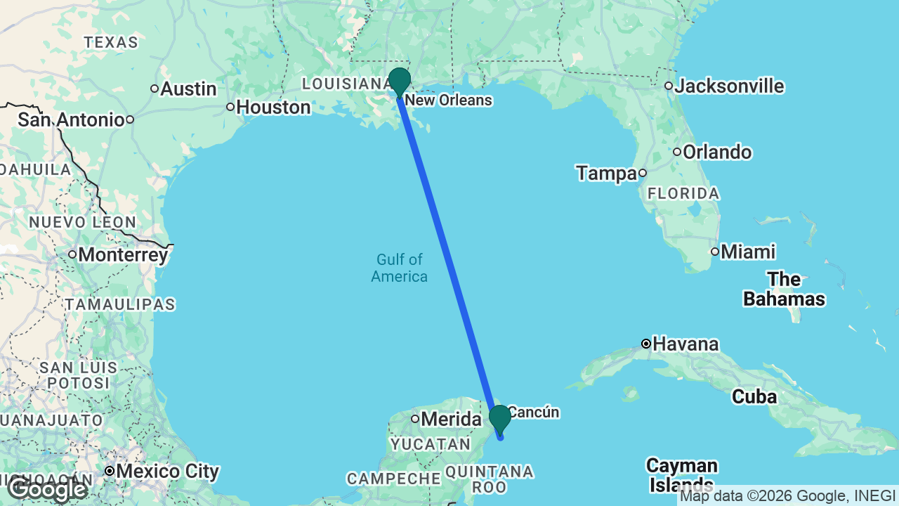 Route map: New Orleans -> Cozumel -> New Orleans