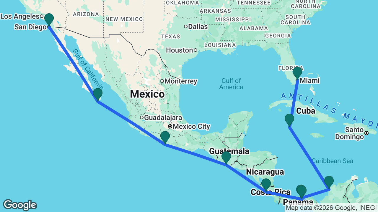 Route map: San Diego -> Cabo -> Acapulco -> Puerto Quetzal -> Puntarenas -> Panama City -> Panama Canal -> Cartagena -> Grand Cayman -> Miami