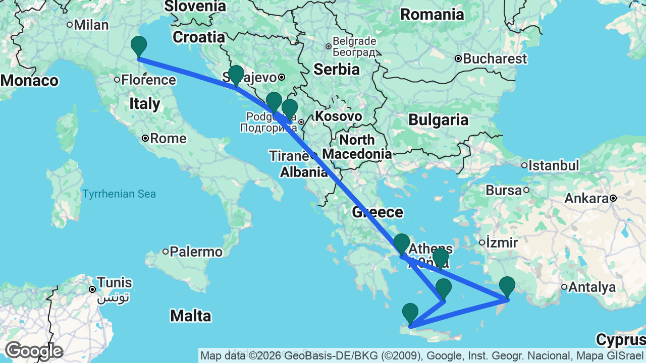 Route map: Athens -> Mykonos -> Rhodes -> Chania -> Santorini -> Dubrovnik -> Kotor -> Split -> Ravenna