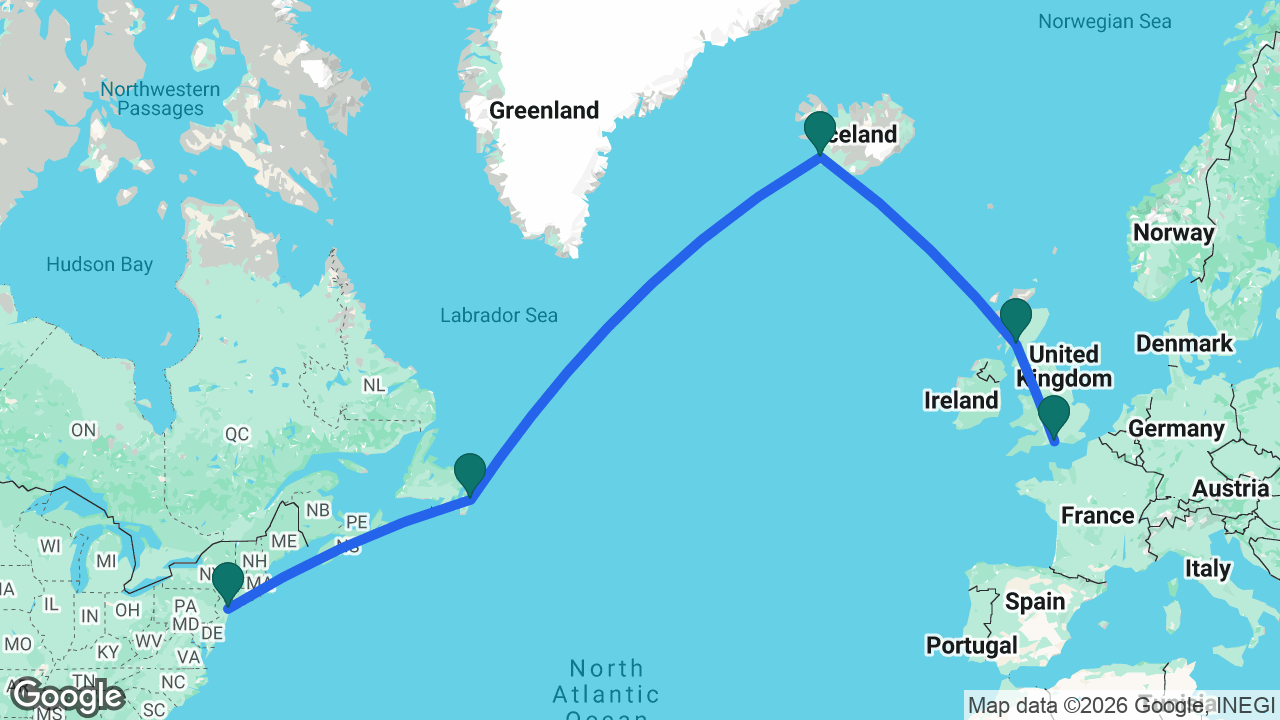 Route map: Southampton -> Glasgow -> Reykjavik -> St. John's -> New York