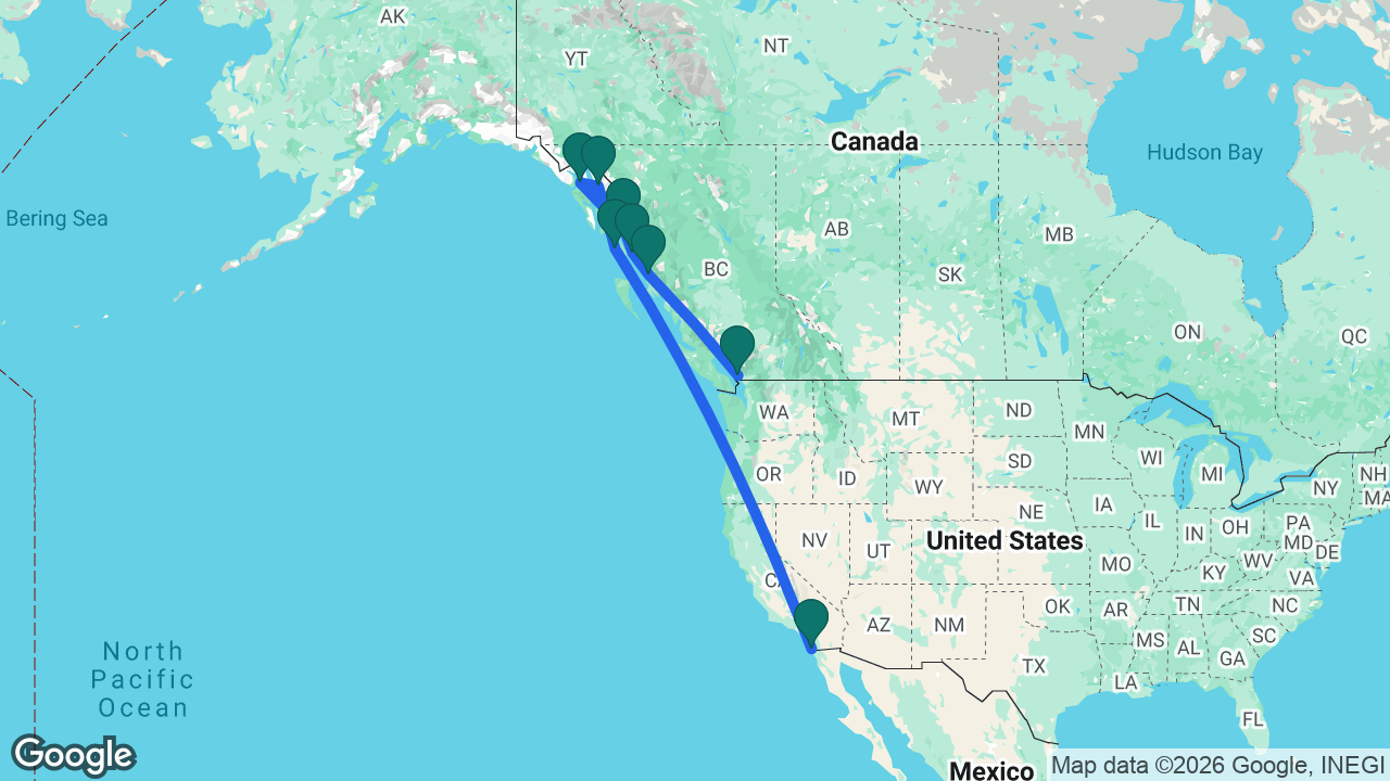 Route map: San Diego -> Klawock -> Juneau -> Glacier Bay -> Wrangell -> Ketchikan -> Prince Rupert -> Vancouver