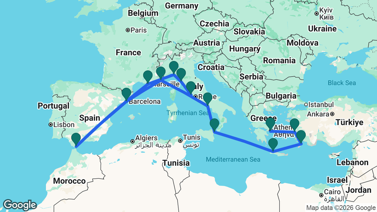 Route map: Rome -> Florence -> Portofino -> Marseille -> Gibraltar -> Barcelona -> Villefranche -> Naples -> Taormina -> Chania -> Rhodes -> Ephesus -> Athens