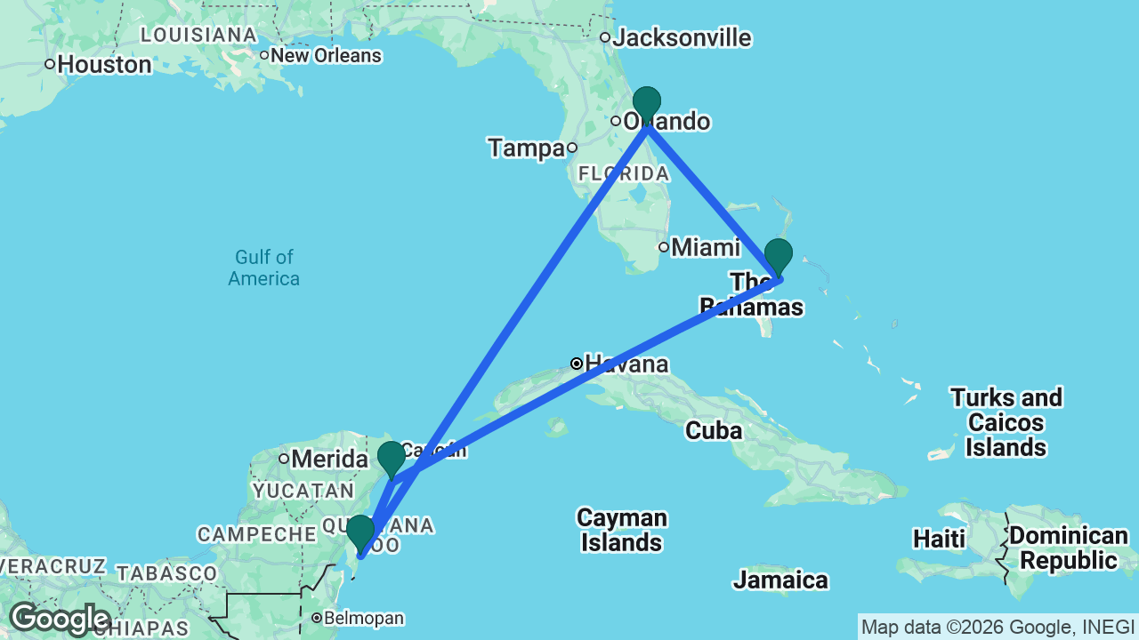 Route map: Port Canaveral -> Nassau -> Cozumel -> Costa Maya -> Port Canaveral