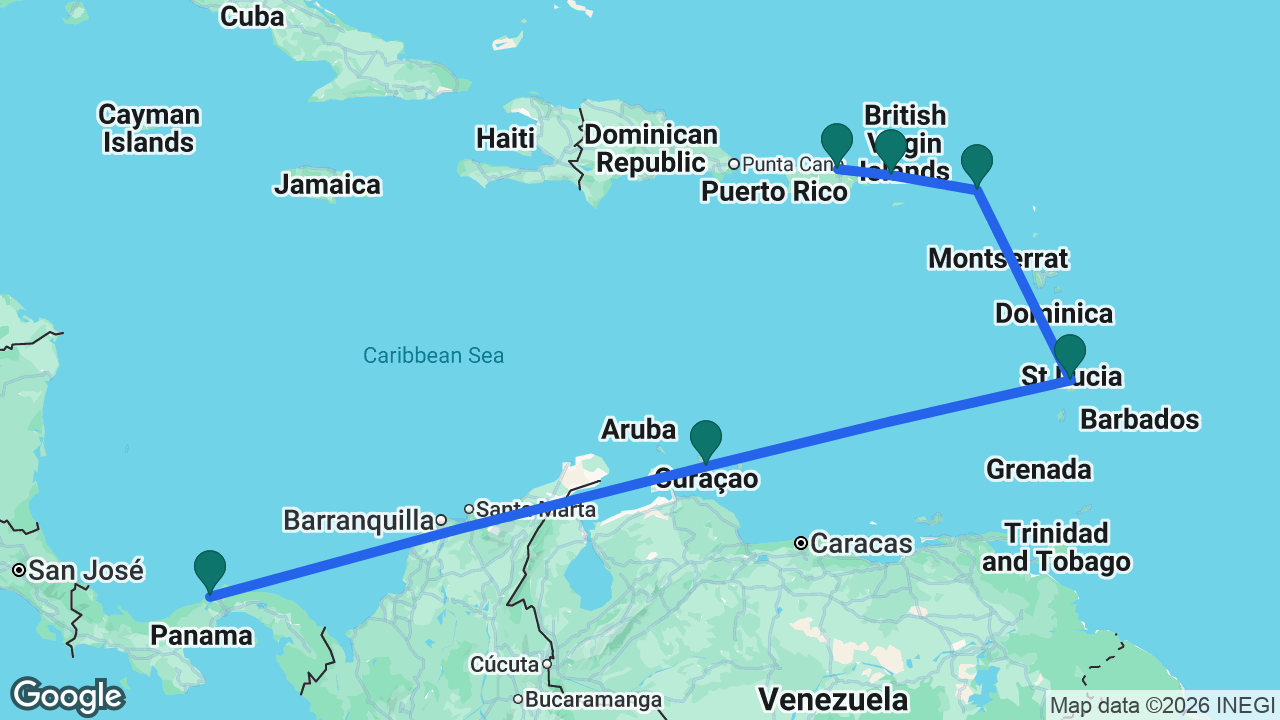 Route map: San Juan -> St. Thomas -> St. Maarten -> St. Lucia -> Curaçao -> Colón