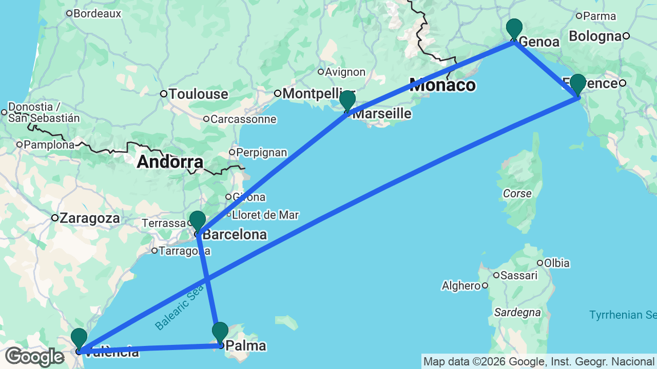 Route map: Marseille -> Genoa -> Florence -> Valencia -> Mallorca -> Barcelona -> Marseille