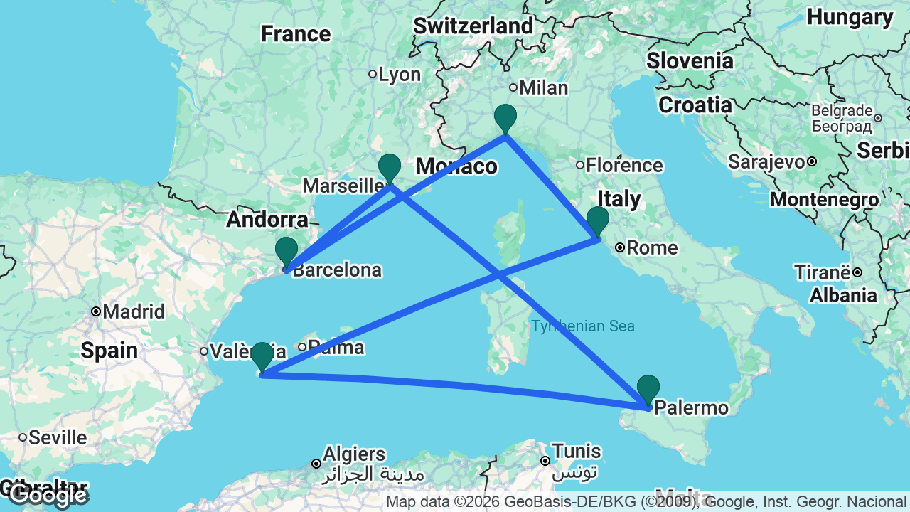 Route map: Palermo -> Ibiza -> Rome -> Genoa -> Barcelona -> Marseille -> Palermo