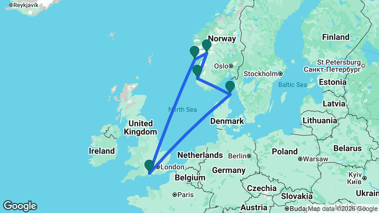 Route map: Southampton -> Skagen -> Stavanger -> Flåm -> Bergen -> Southampton