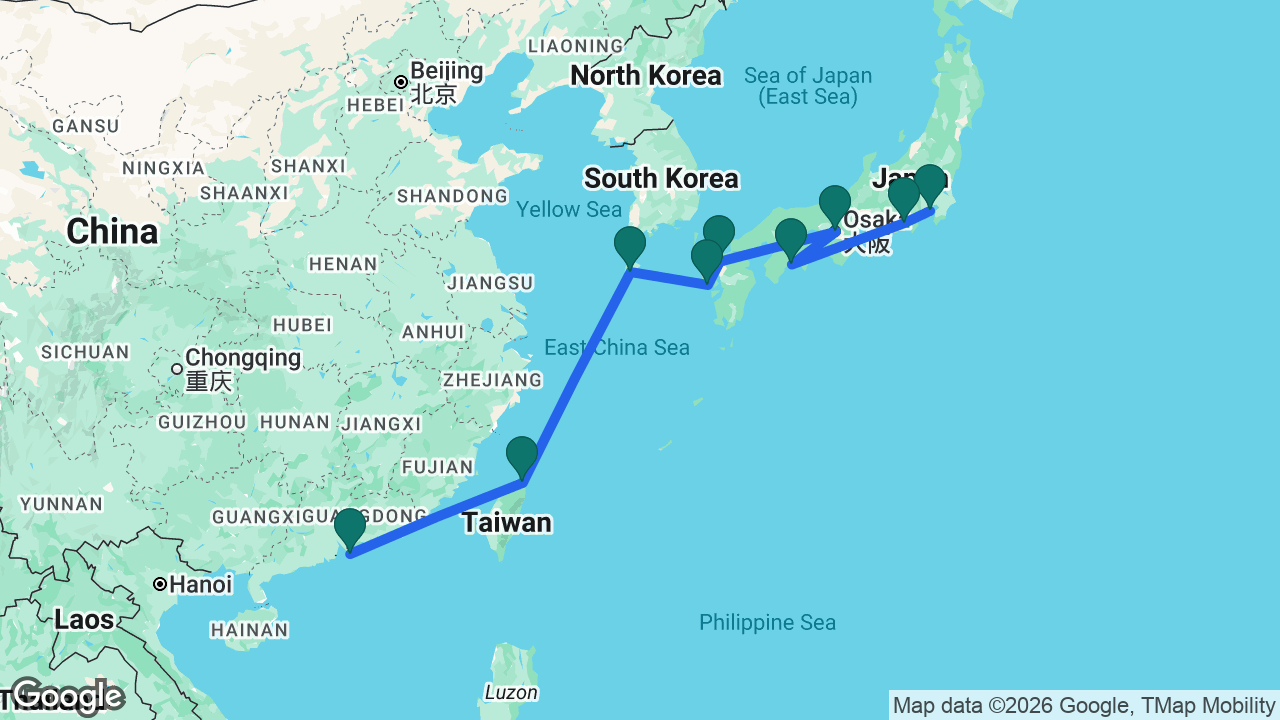 Route map: Hong Kong -> Keelung -> Jeju -> Nagasaki -> Fukuoka -> Osaka -> Kochi -> Mount Fuji -> Tokyo