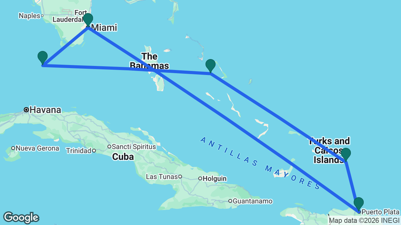Route map: Miami -> Amber Cove -> Grand Turk -> Half Moon Cay -> Key West -> Miami