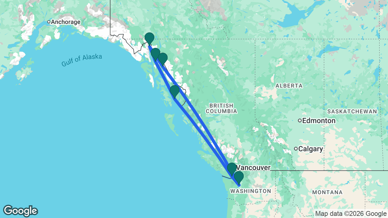 Route map: Seattle -> Tracy Arm -> Skagway -> Juneau -> Ketchikan -> Victoria -> Seattle
