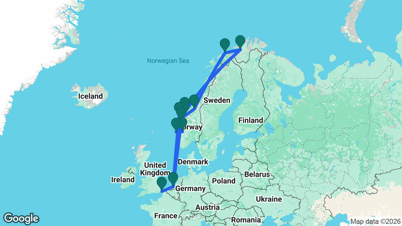 Route map: Dover -> Rotterdam -> Ålesund -> Åndalsnes -> Trondheim -> Tromsø -> Alta -> Kristiansund -> Bergen -> Eidfjord -> Olden -> Rotterdam