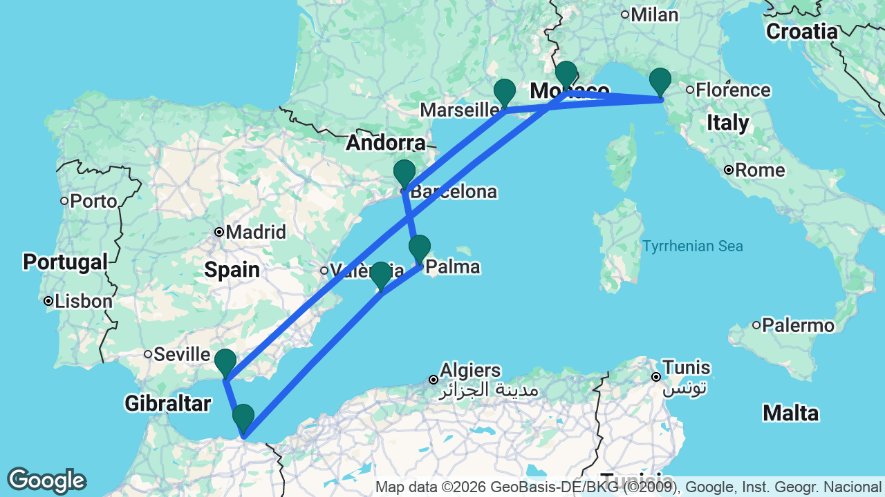 Route map: Barcelona -> Marseille -> Florence -> Villefranche -> Motril -> Melilla -> Ibiza -> Mallorca -> Barcelona