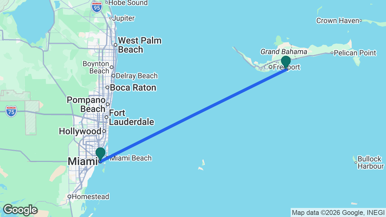 Route map: Miami -> Celebration Key -> Miami