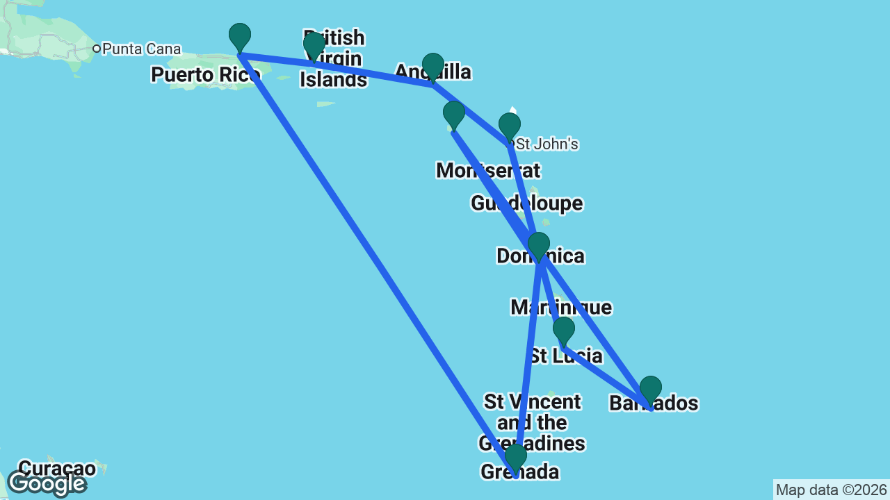 Route map: San Juan -> St. Thomas -> St. Maarten -> Antigua -> St. Lucia -> Barbados -> St. Kitts -> Dominica -> Grenada -> San Juan