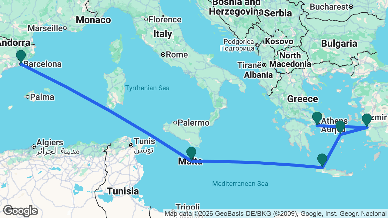 Route map: Barcelona -> Valletta -> Chania -> Mykonos -> Ephesus -> Athens