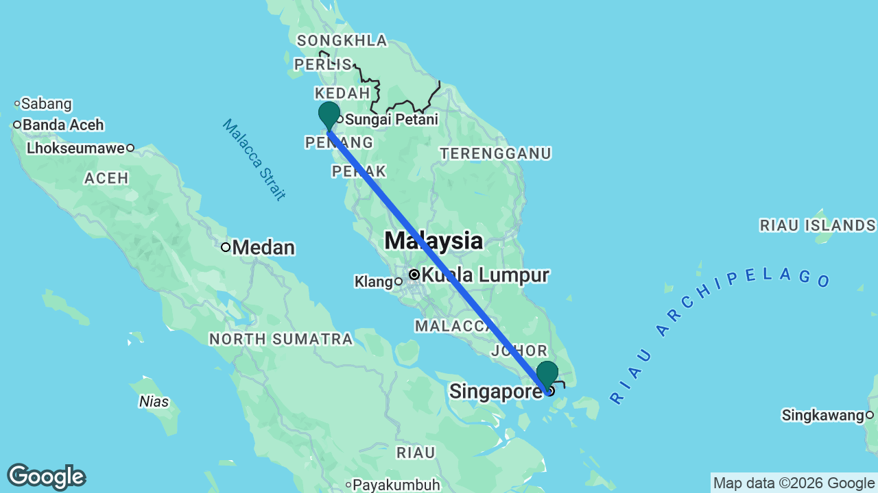 Route map: Singapore -> Penang -> Singapore