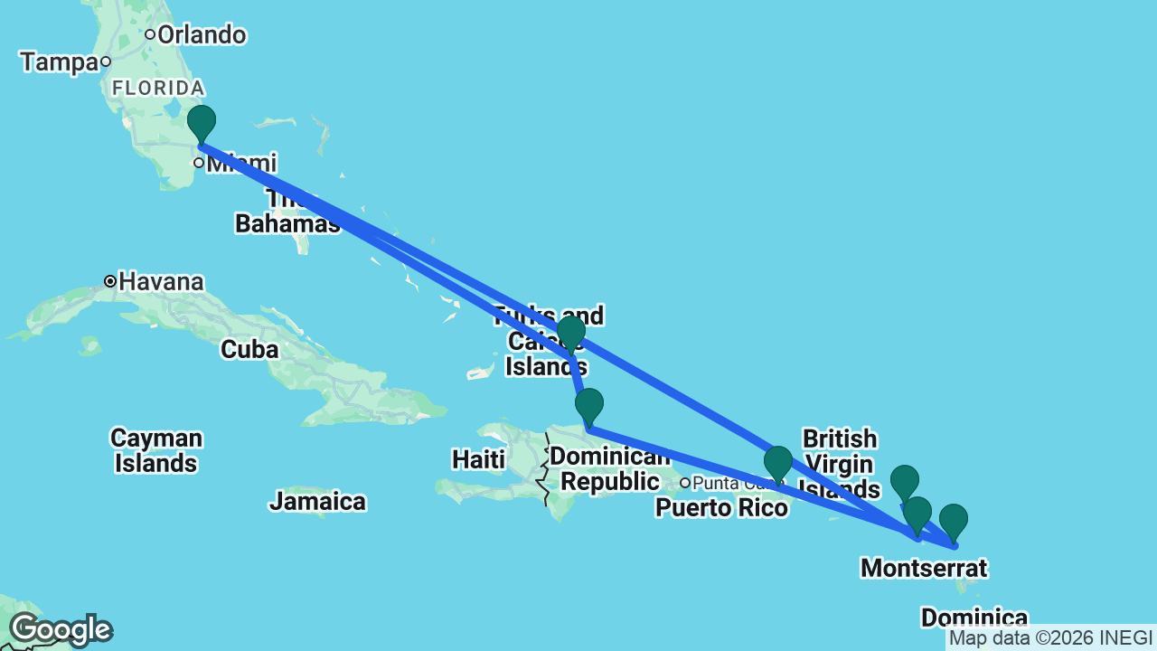 Route map: Fort Lauderdale -> Grand Turk -> Amber Cove -> San Juan -> Antigua -> St. Maarten -> St. Kitts -> Fort Lauderdale