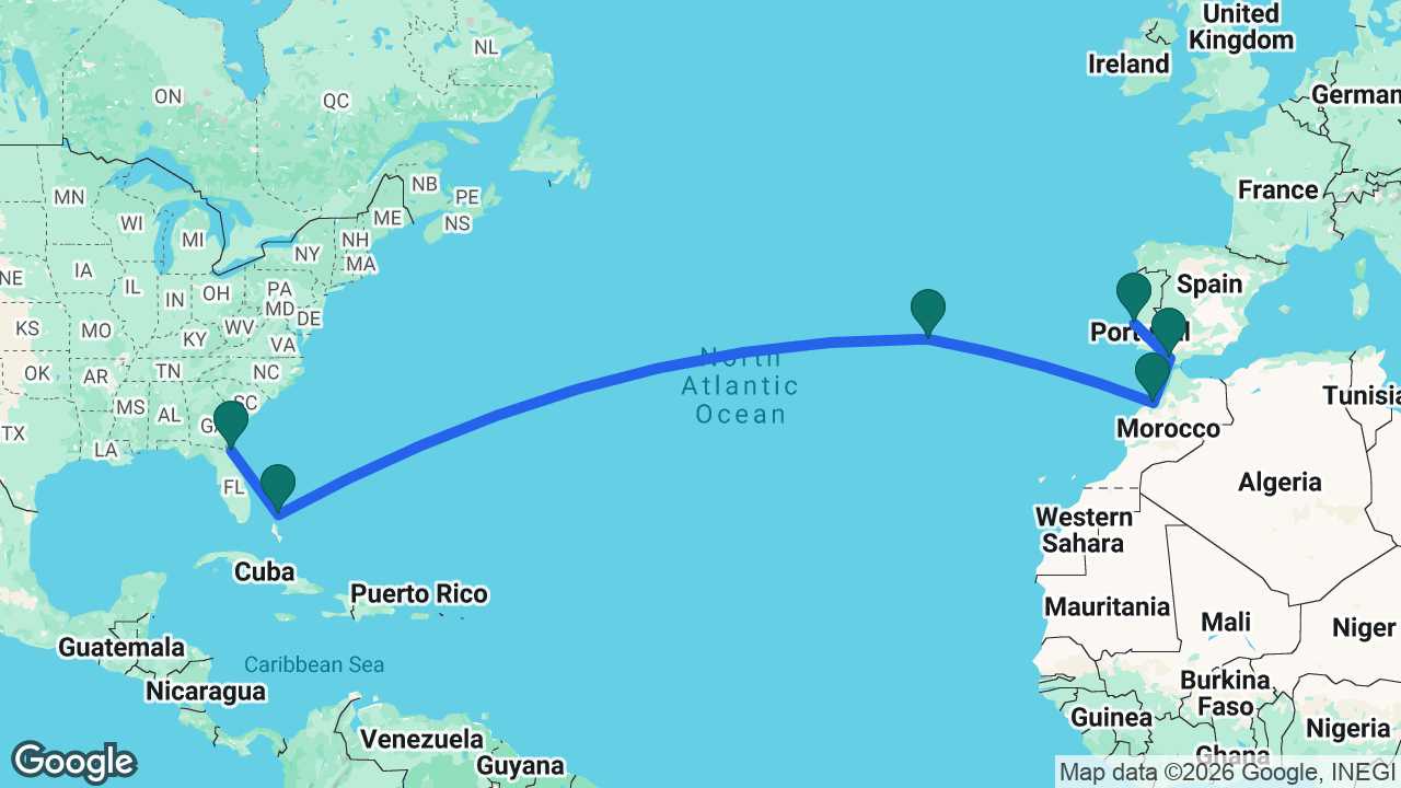 Route map: Lisbon -> Cádiz -> Casablanca -> Azores -> Great Stirrup Cay -> Jacksonville